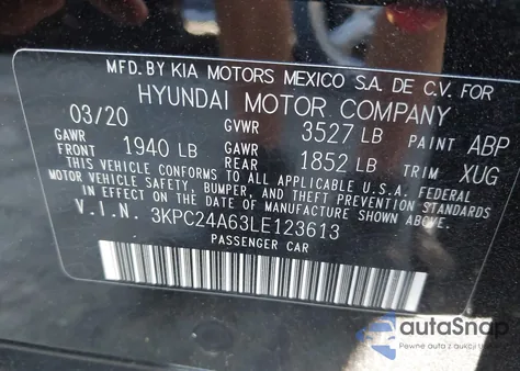 2020 Hyundai Accent Sel z USA, uszkodzony, nr VIN 3KPC24A63LE123613